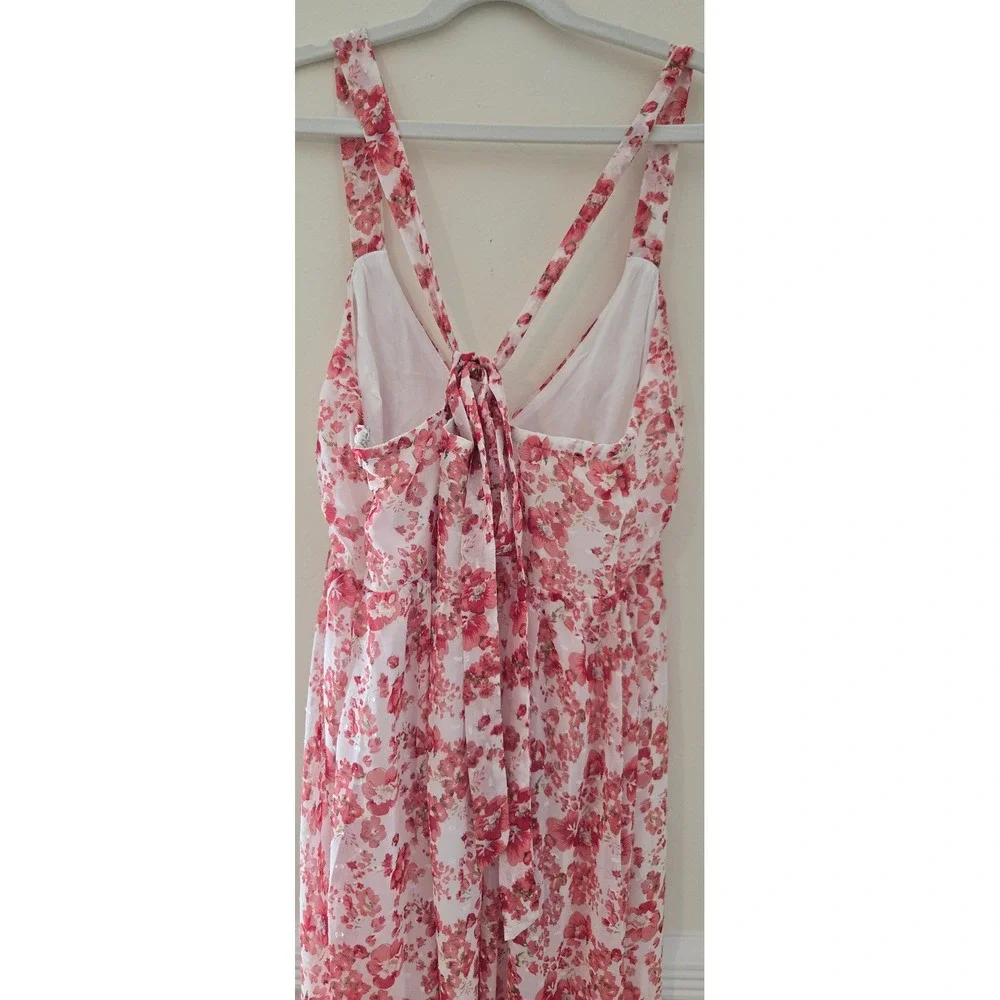 LULU'S Maxi Dress Red White V-Neck Ruffle Hem Sleeveless Backless Summer Gown - Picture 4 of 8
